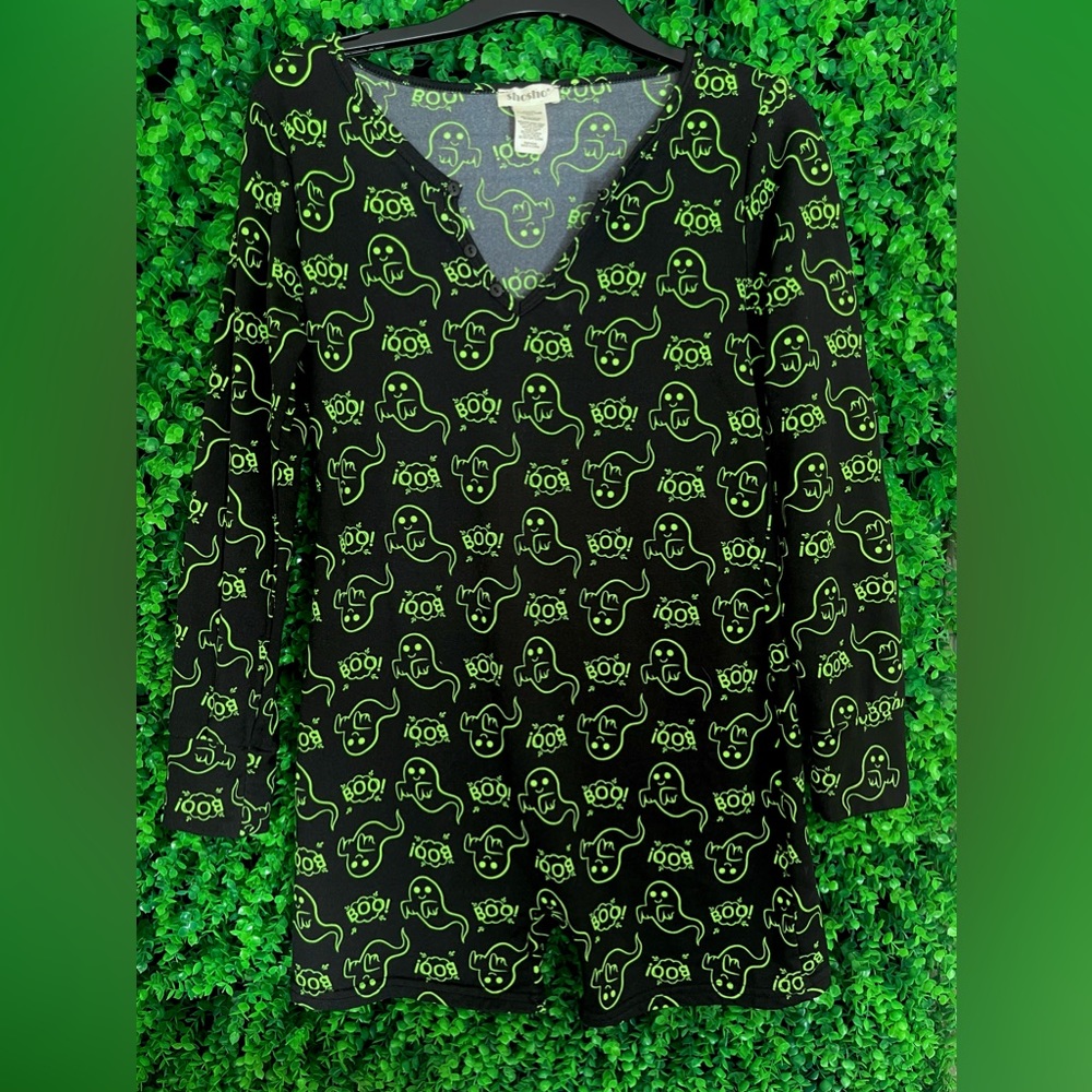 Shosho Romper Women's Large Pajamas Black Green Ghost Boo Halloween